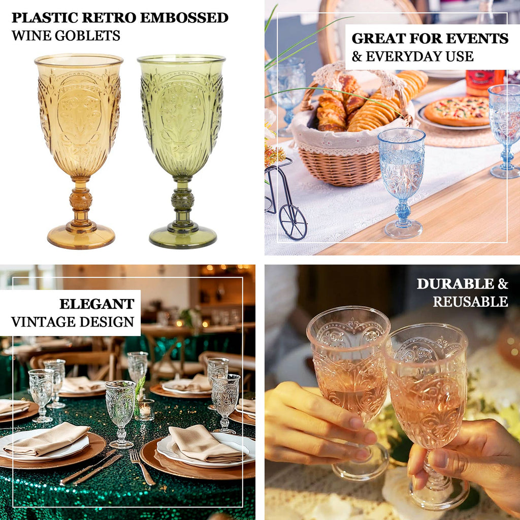 24 - Pack Plastic Wine Glasses 10oz â€“ Amber Gold Vintage Goblets with Retro Embossed Design, Elegant Drinkware - 7" Tall - Bell Racket Store