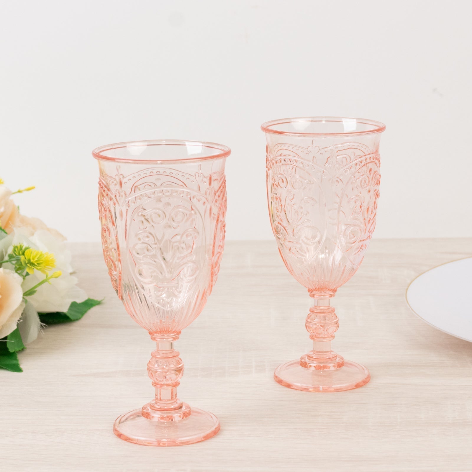 24 - Pack Plastic Wine Glasses 10oz â€“ Transparent Blush Vintage Goblets with Retro Embossed Design, Elegant Drinkware - 7" Tall - Bell Racket Store