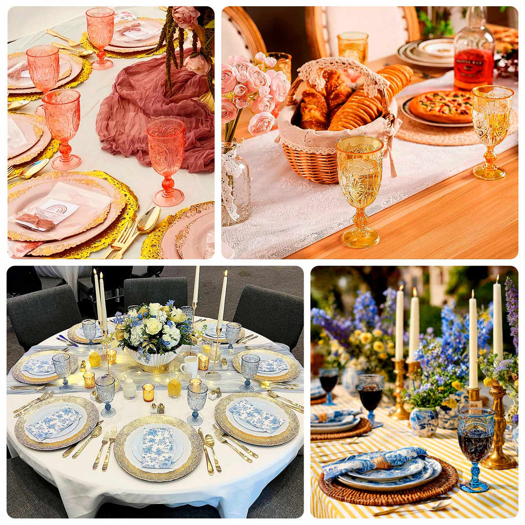 24 - Pack Plastic Wine Glasses 10oz â€“ Transparent Blush Vintage Goblets with Retro Embossed Design, Elegant Drinkware - 7" Tall - Bell Racket Store