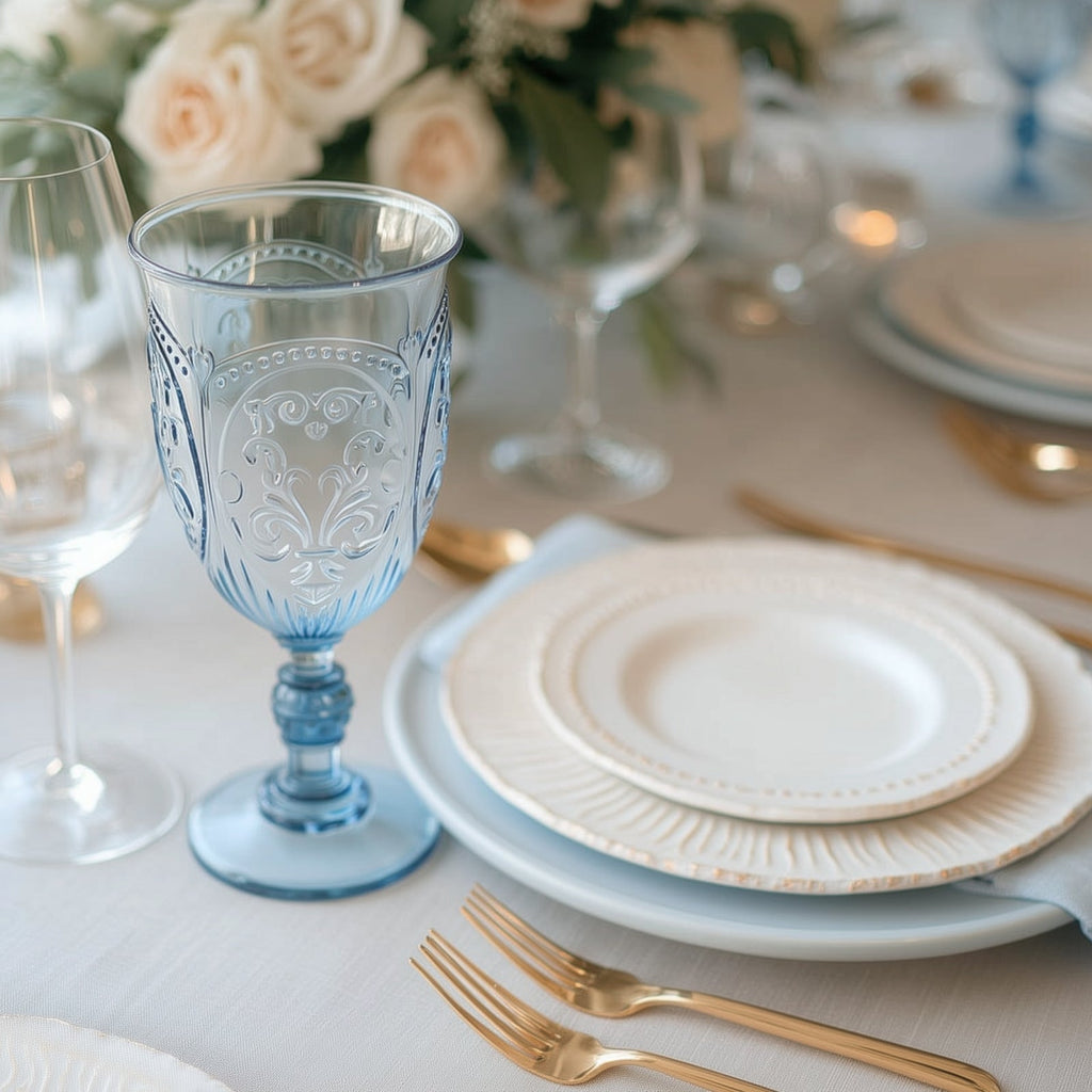 24 - Pack Plastic Wine Glasses 10oz â€“ Transparent Dusty Blue Vintage Goblets with Retro Embossed Design, Elegant Drinkware - 7" Tall - Bell Racket Store