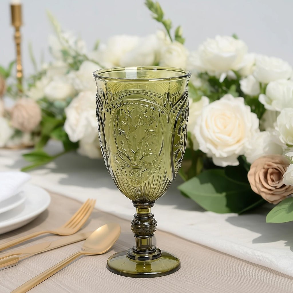 24 - Pack Plastic Wine Glasses 10oz â€“ Transparent Dusty Sage Green Vintage Goblets with Retro Embossed Design, Elegant Drinkware - 7" Tall - Bell Racket Store