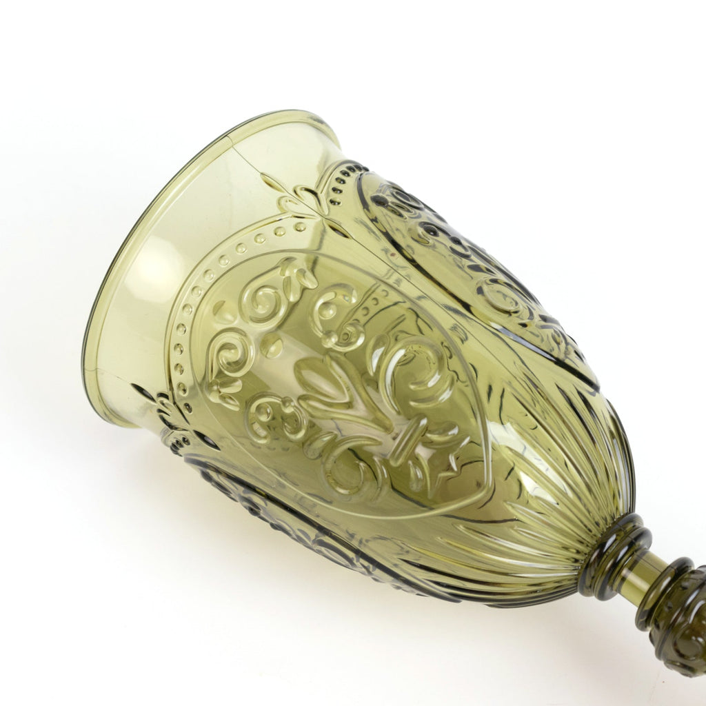 24 - Pack Plastic Wine Glasses 10oz â€“ Transparent Dusty Sage Green Vintage Goblets with Retro Embossed Design, Elegant Drinkware - 7" Tall - Bell Racket Store