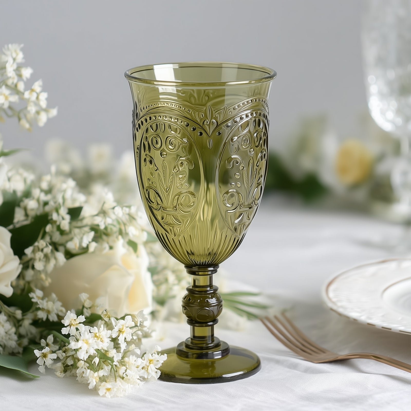 24 - Pack Plastic Wine Glasses 10oz â€“ Transparent Dusty Sage Green Vintage Goblets with Retro Embossed Design, Elegant Drinkware - 7" Tall - Bell Racket Store