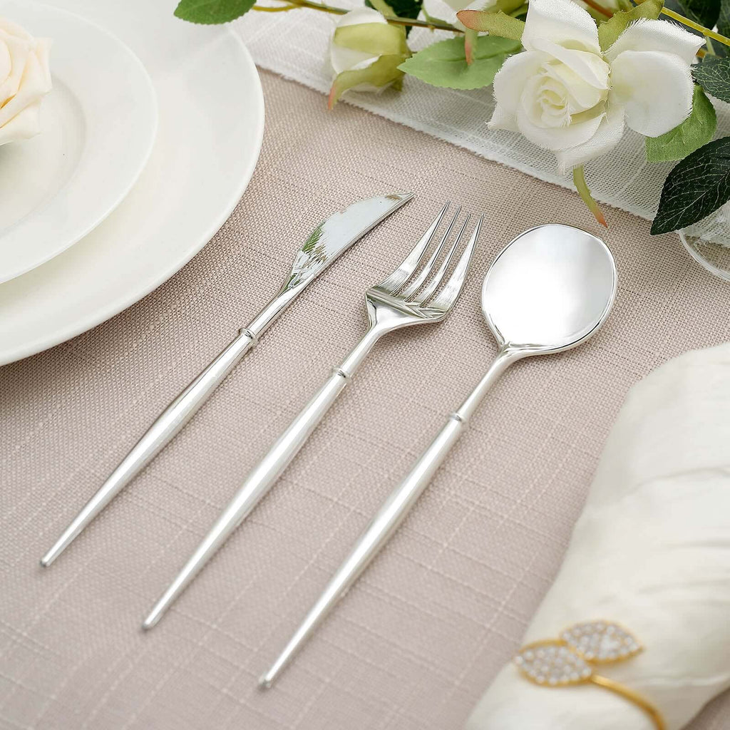 24-Pack Plastic Flatware Set in Silver - Heavy Duty Disposable Modern Silverware 8"