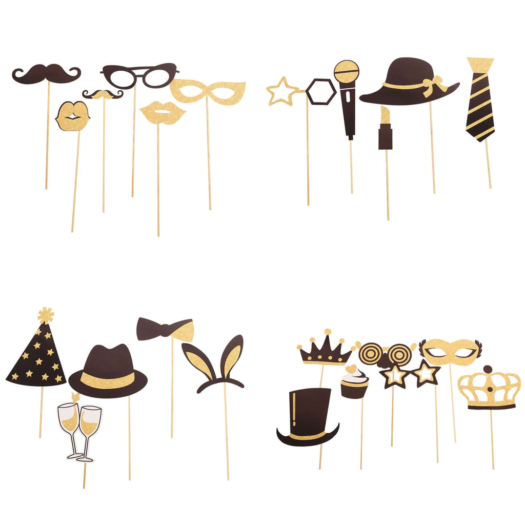 24 Pack Vintage Black Gold Glitter Fun Party Photo Booth Props, DIY Party Theme Supplies - Bell Racket Store