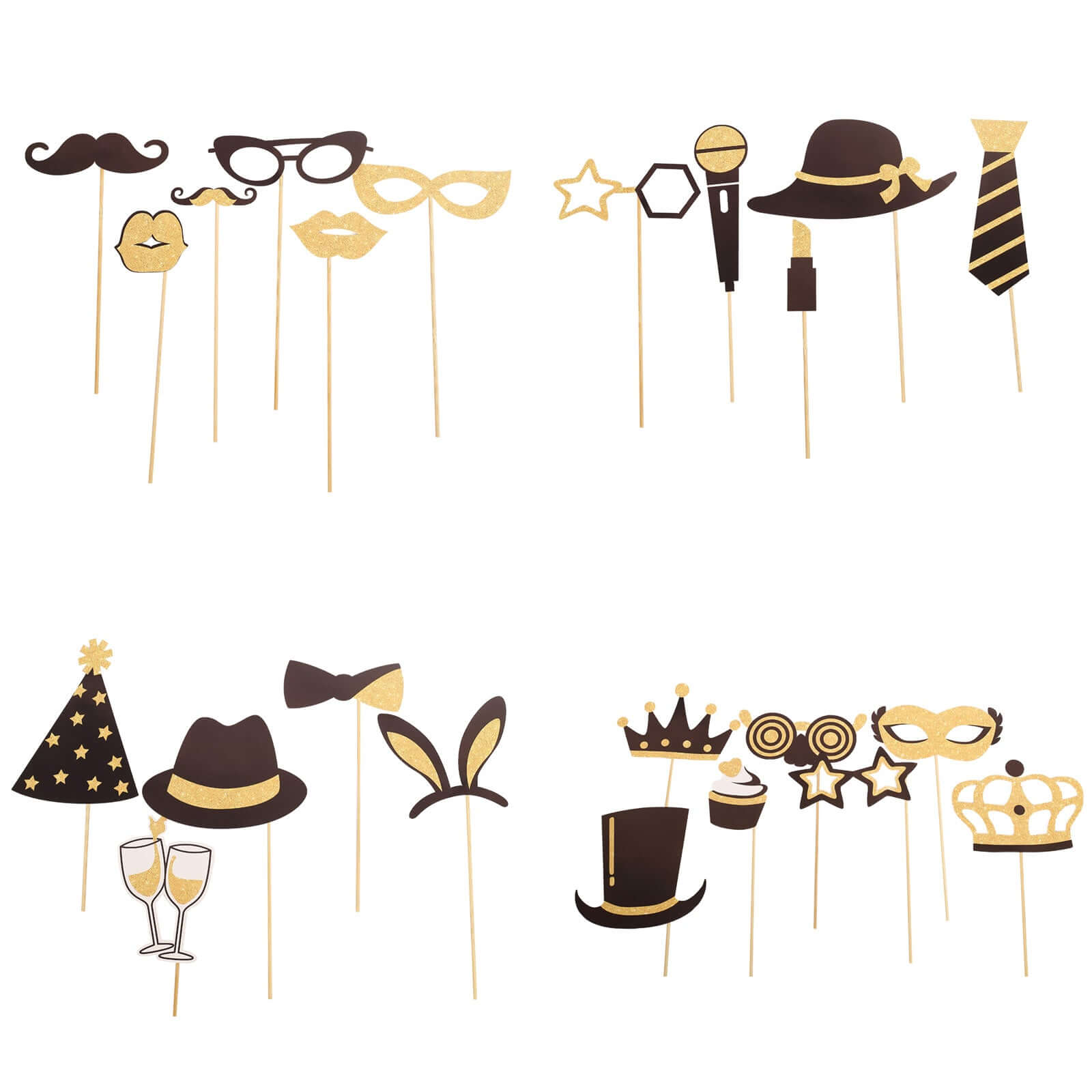 24 Pack Vintage Black Gold Glitter Fun Party Photo Booth Props, DIY Party Theme Supplies - Bell Racket Store