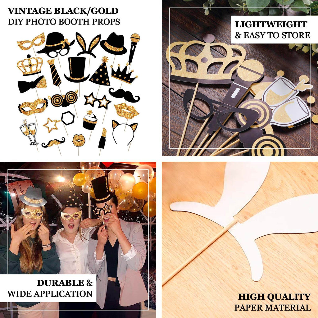 24 Pack Vintage Black Gold Glitter Fun Party Photo Booth Props, DIY Party Theme Supplies - Bell Racket Store