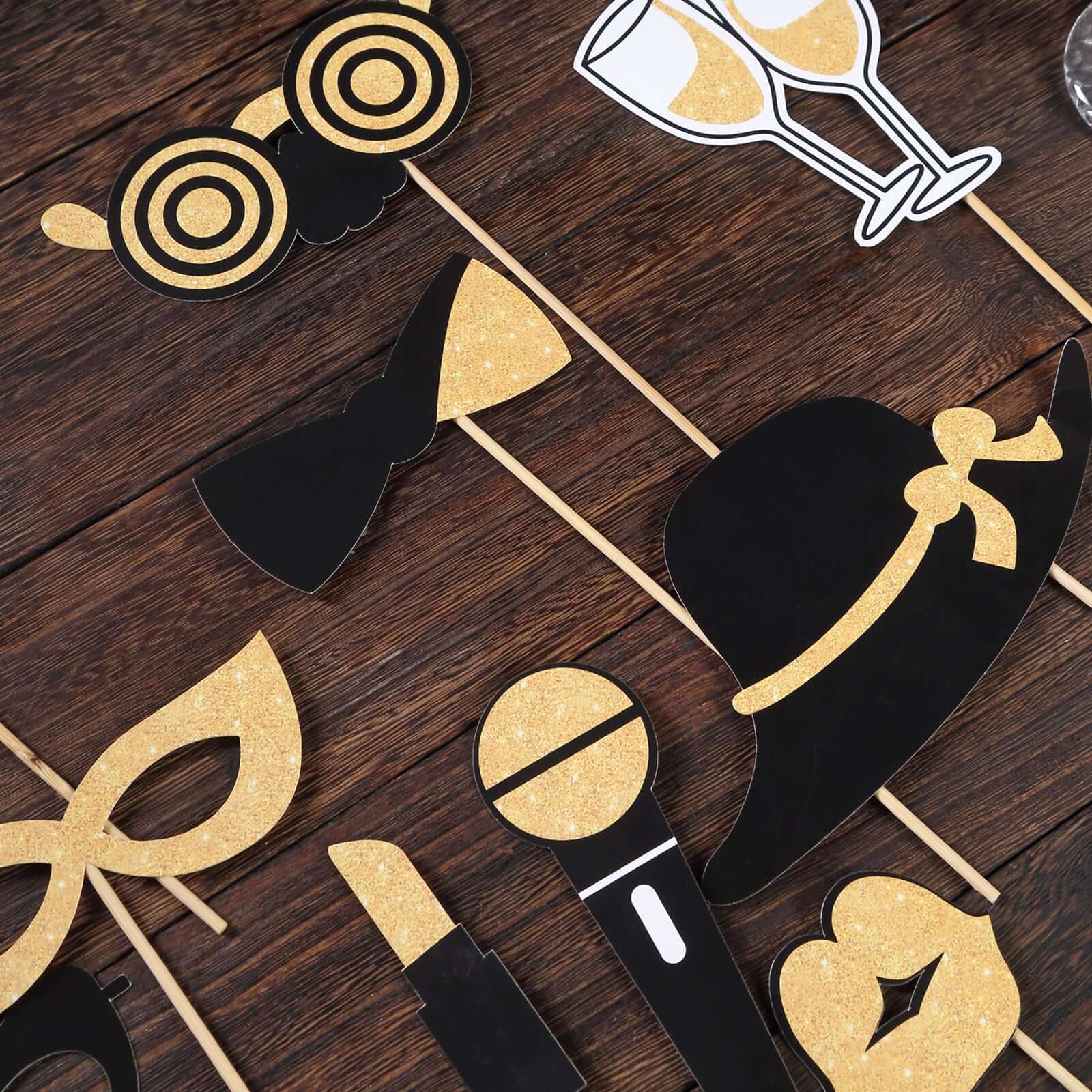 24 Pack Vintage Black Gold Glitter Fun Party Photo Booth Props, DIY Party Theme Supplies - Bell Racket Store