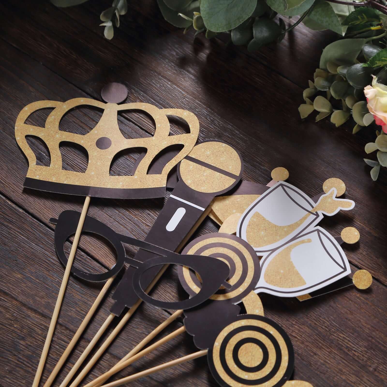 24 Pack Vintage Black Gold Glitter Fun Party Photo Booth Props, DIY Party Theme Supplies - Bell Racket Store