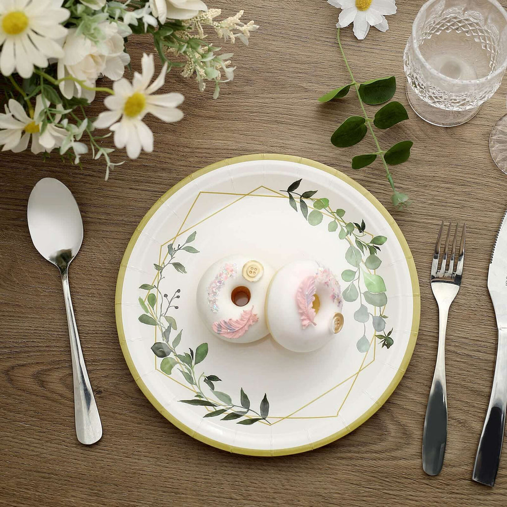 24-Pack Paper 9" Round Dinner Plates in White with Eucalyptus Leaves & Gold Rim - Disposable 300GSM Party Plates for Modern & Nature-Inspired Events