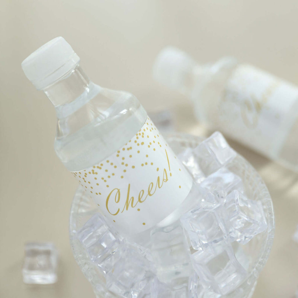 24 Pack White/Gold Water Bottle Labels "Cheers" Wedding Party Waterproof Bottle Stickers - Bell Racket Store