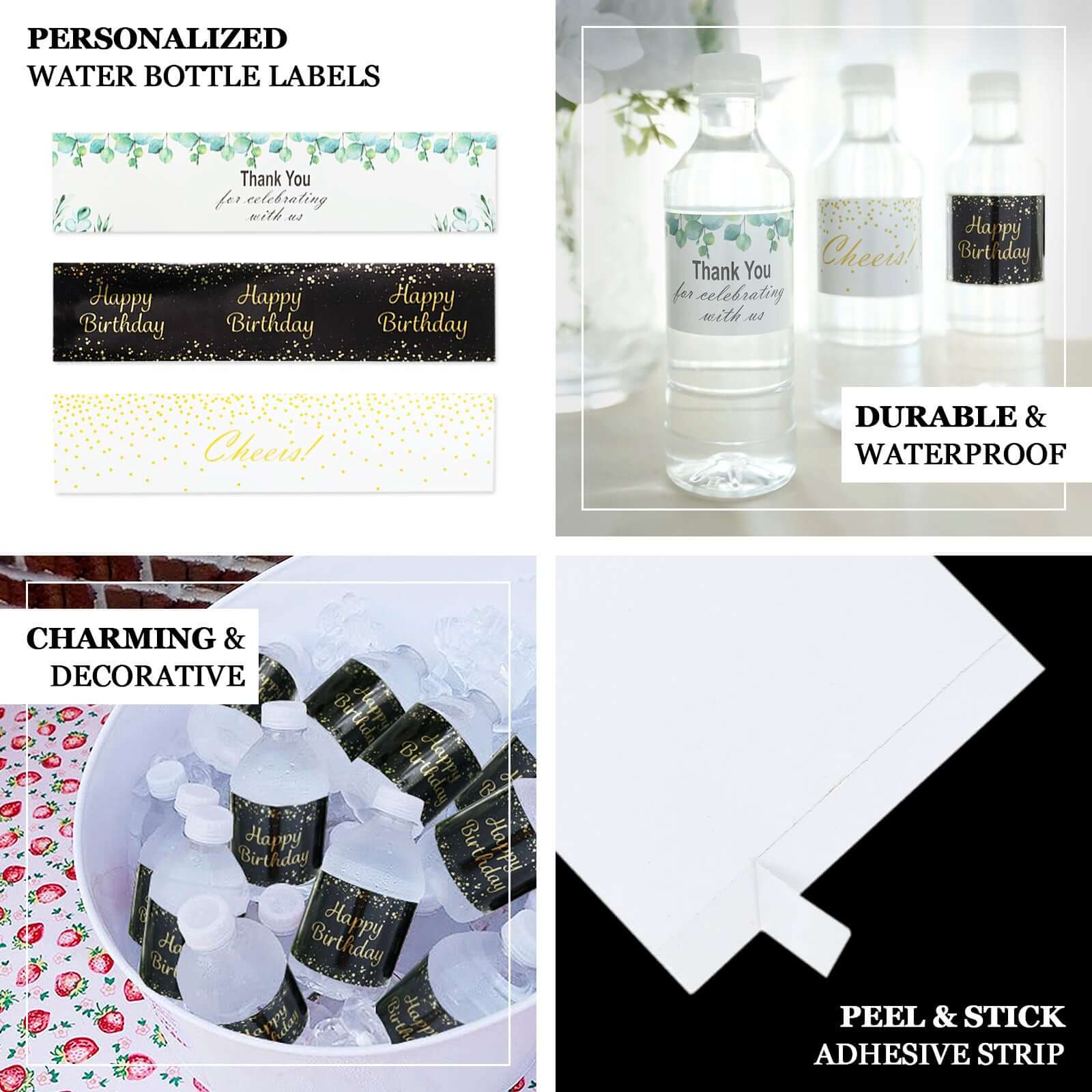 24 Pack White/Gold Water Bottle Labels "Cheers" Wedding Party Waterproof Bottle Stickers - Bell Racket Store