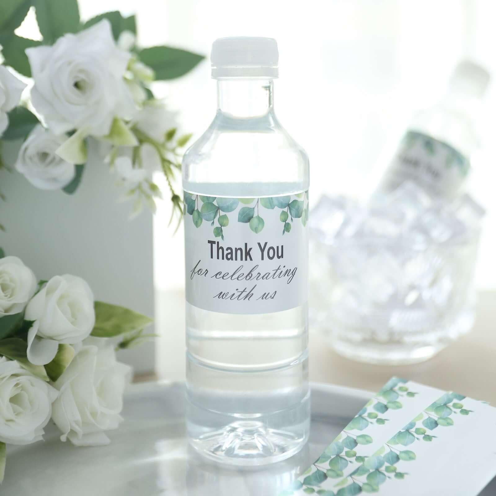 24 Pack White/Green Water Bottle Labels with Leaves Design "Thank You" Party Waterproof Bottle Stickers - Bell Racket Store