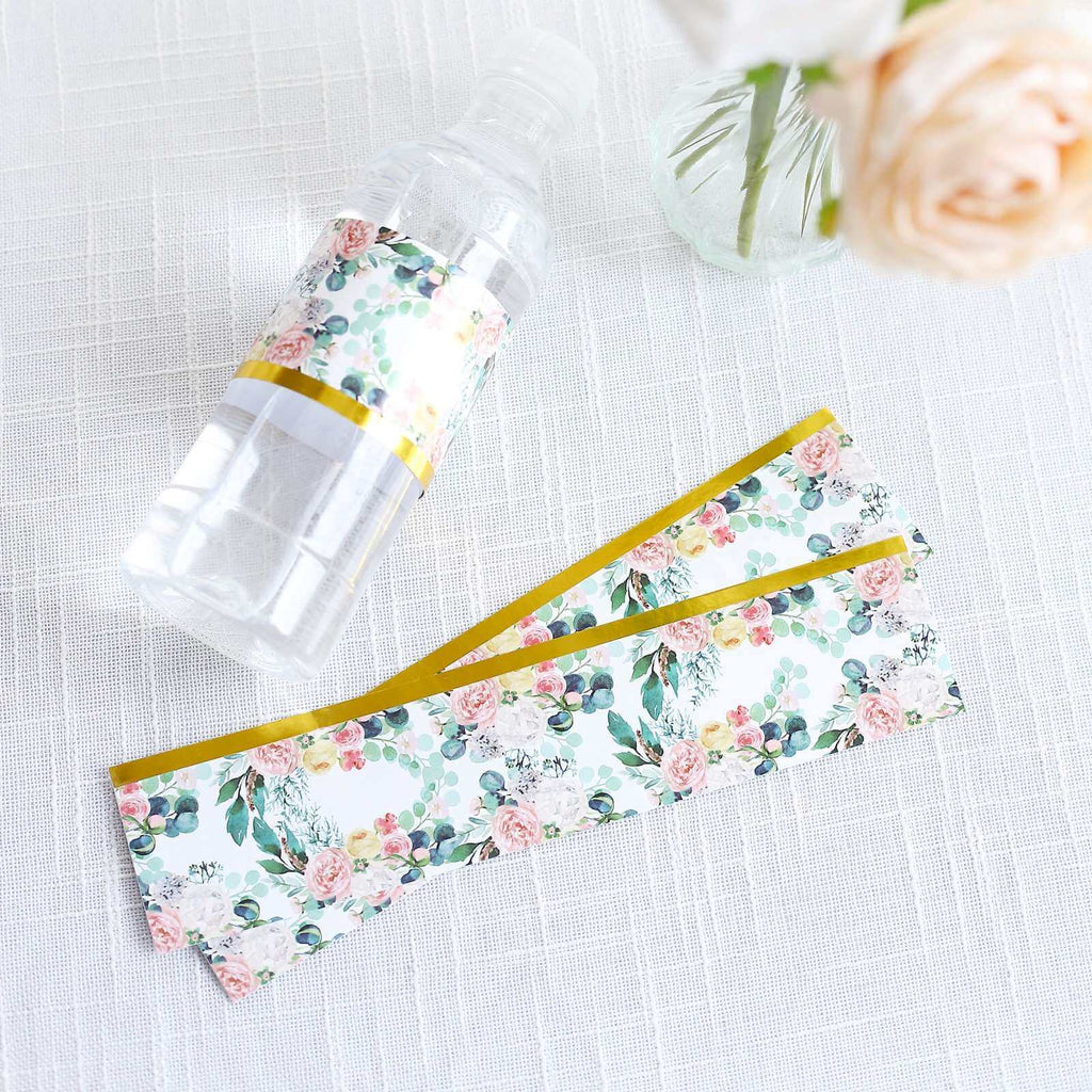 24 Pack White/Pink Water Bottle Labels with Peony Floral Design & Gold Trim, Waterproof Bottle Stickers - Bell Racket Store