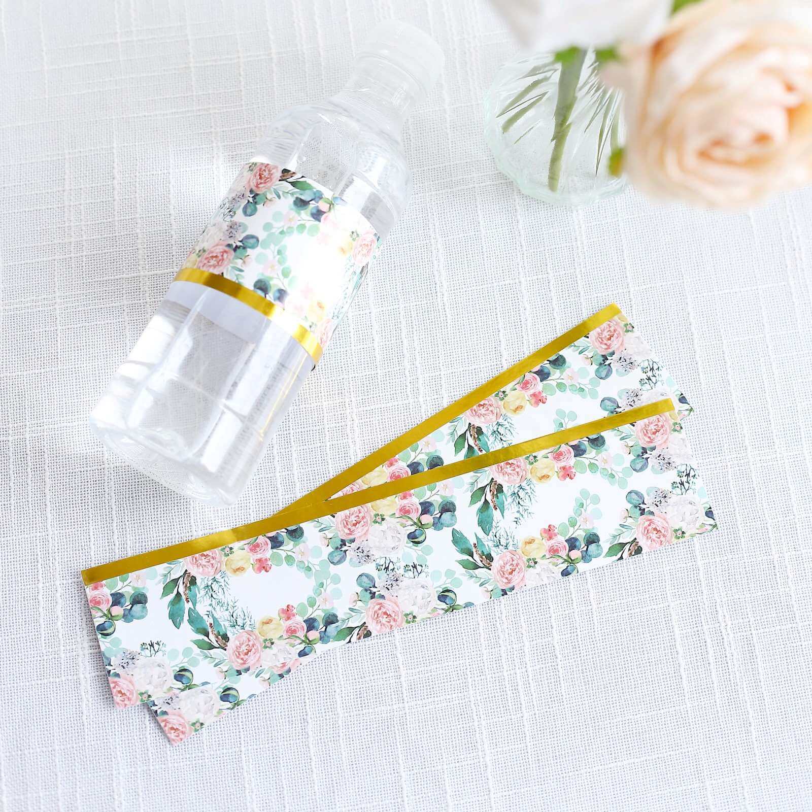 24 Pack White/Pink Water Bottle Labels with Peony Floral Design & Gold Trim, Waterproof Bottle Stickers - Bell Racket Store