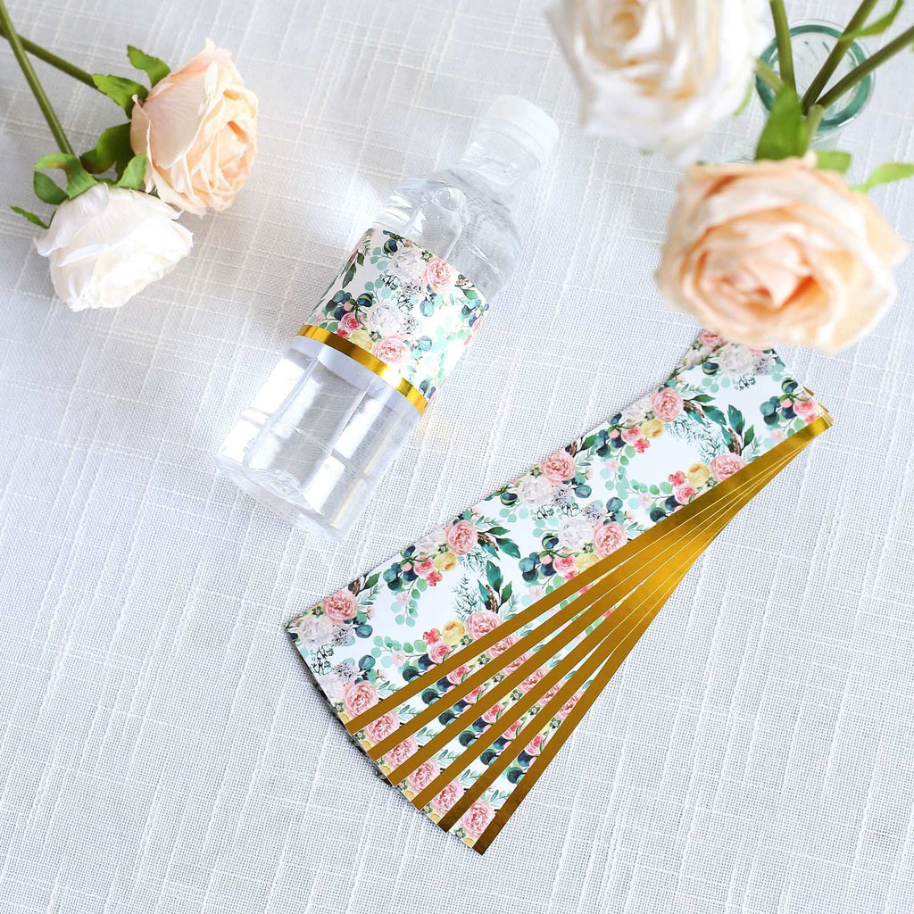 24 Pack White/Pink Water Bottle Labels with Peony Floral Design & Gold Trim, Waterproof Bottle Stickers - Bell Racket Store
