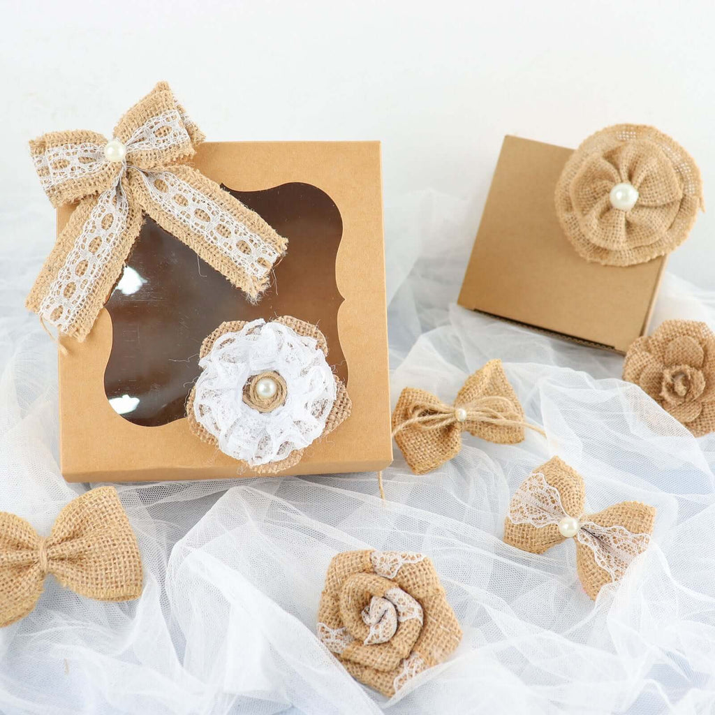 24 Pcs Natural Burlap Flower and Bows Set w Lace Ribbon Craft Supplies, DIY Jute Stick On Ribbon and Bows, 30 Sticker Dots Included, 8 Assorted Styles - Bell Racket Store