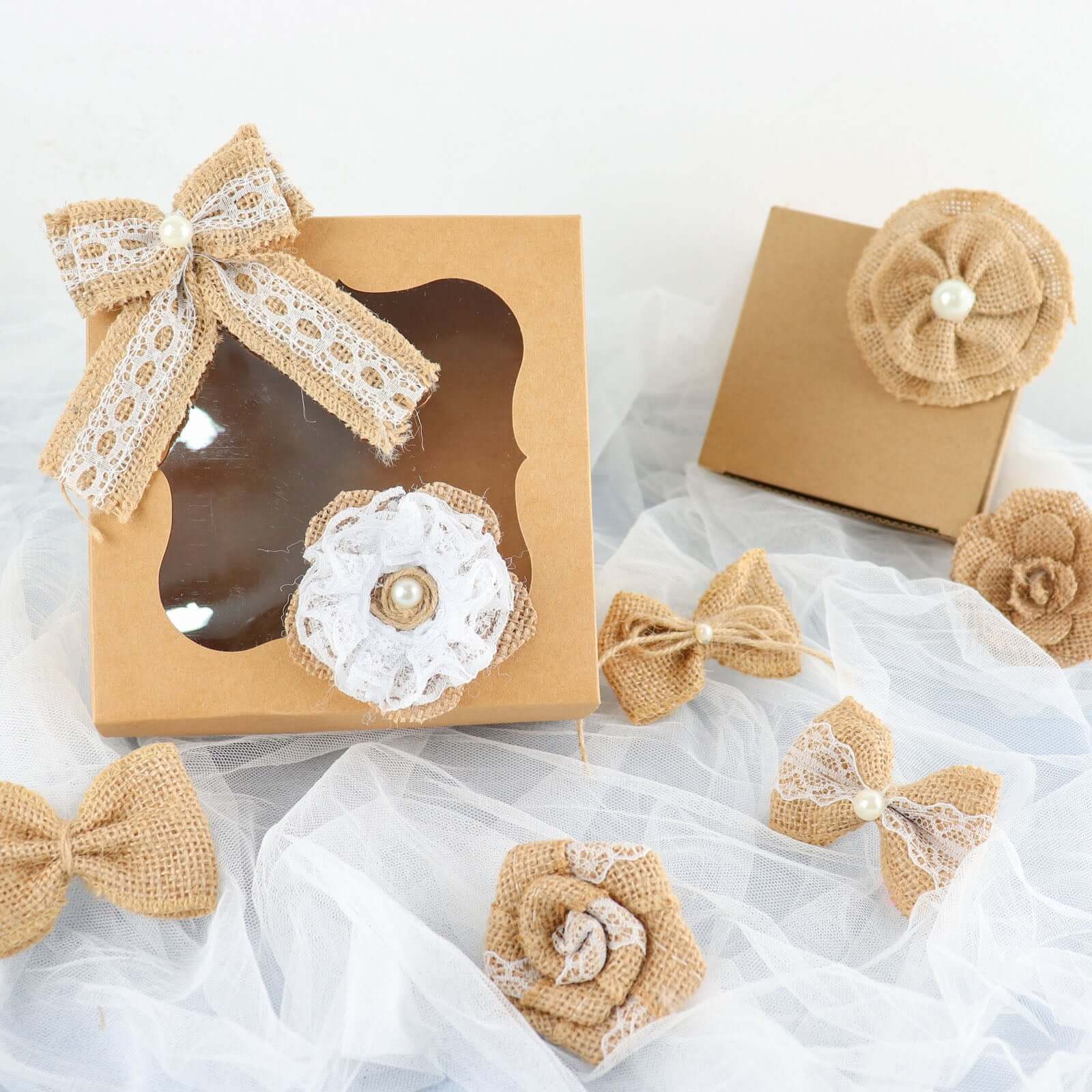 24 Pcs Natural Burlap Flower and Bows Set w Lace Ribbon Craft Supplies, DIY Jute Stick On Ribbon and Bows, 30 Sticker Dots Included, 8 Assorted Styles - Bell Racket Store