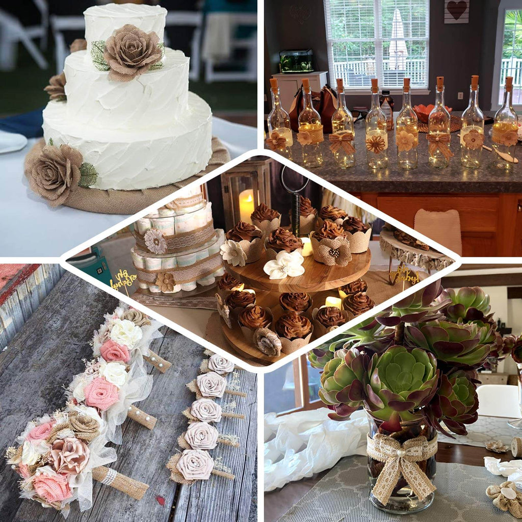 24 Pcs Natural Burlap Flower and Bows Set w Lace Ribbon Craft Supplies, DIY Jute Stick On Ribbon and Bows, 30 Sticker Dots Included, 8 Assorted Styles - Bell Racket Store