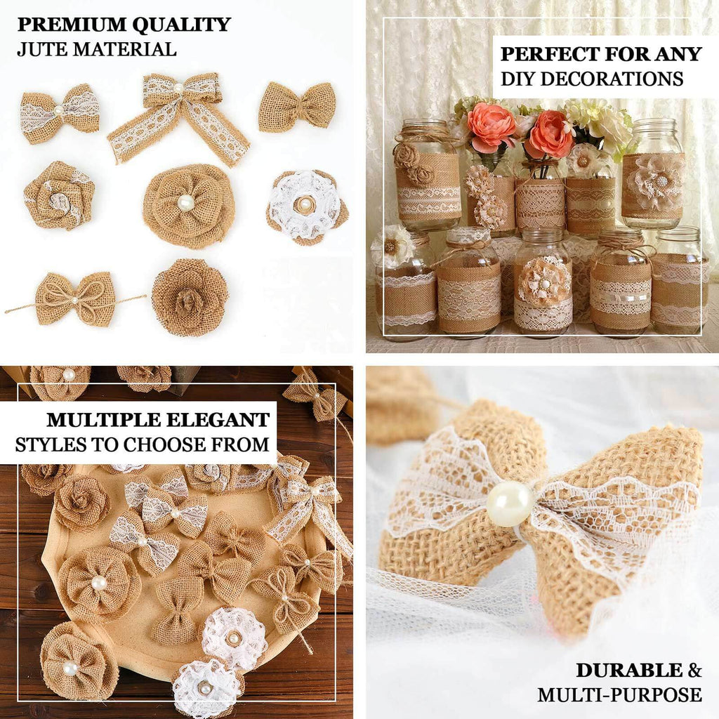24 Pcs Natural Burlap Flower and Bows Set w Lace Ribbon Craft Supplies, DIY Jute Stick On Ribbon and Bows, 30 Sticker Dots Included, 8 Assorted Styles - Bell Racket Store