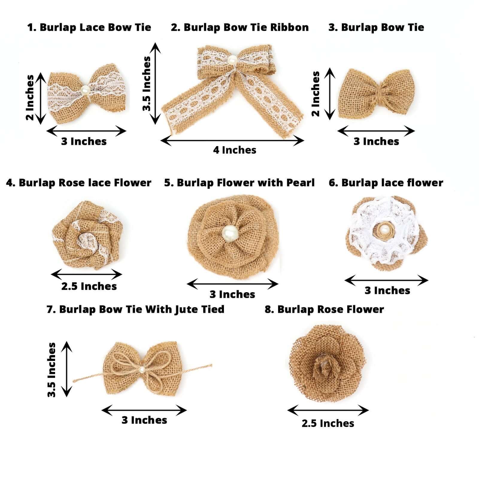24 Pcs Natural Burlap Flower and Bows Set w Lace Ribbon Craft Supplies, DIY Jute Stick On Ribbon and Bows, 30 Sticker Dots Included, 8 Assorted Styles - Bell Racket Store