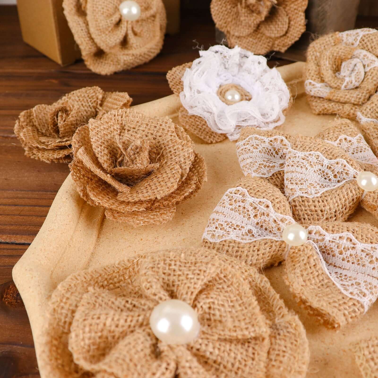 24 Pcs Natural Burlap Flower and Bows Set w Lace Ribbon Craft Supplies, DIY Jute Stick On Ribbon and Bows, 30 Sticker Dots Included, 8 Assorted Styles - Bell Racket Store