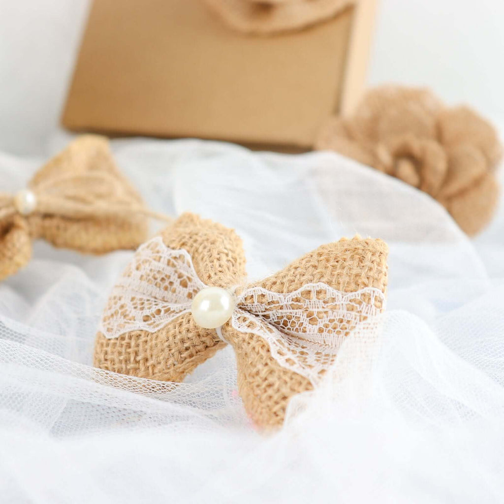 24 Pcs Natural Burlap Flower and Bows Set w Lace Ribbon Craft Supplies, DIY Jute Stick On Ribbon and Bows, 30 Sticker Dots Included, 8 Assorted Styles - Bell Racket Store
