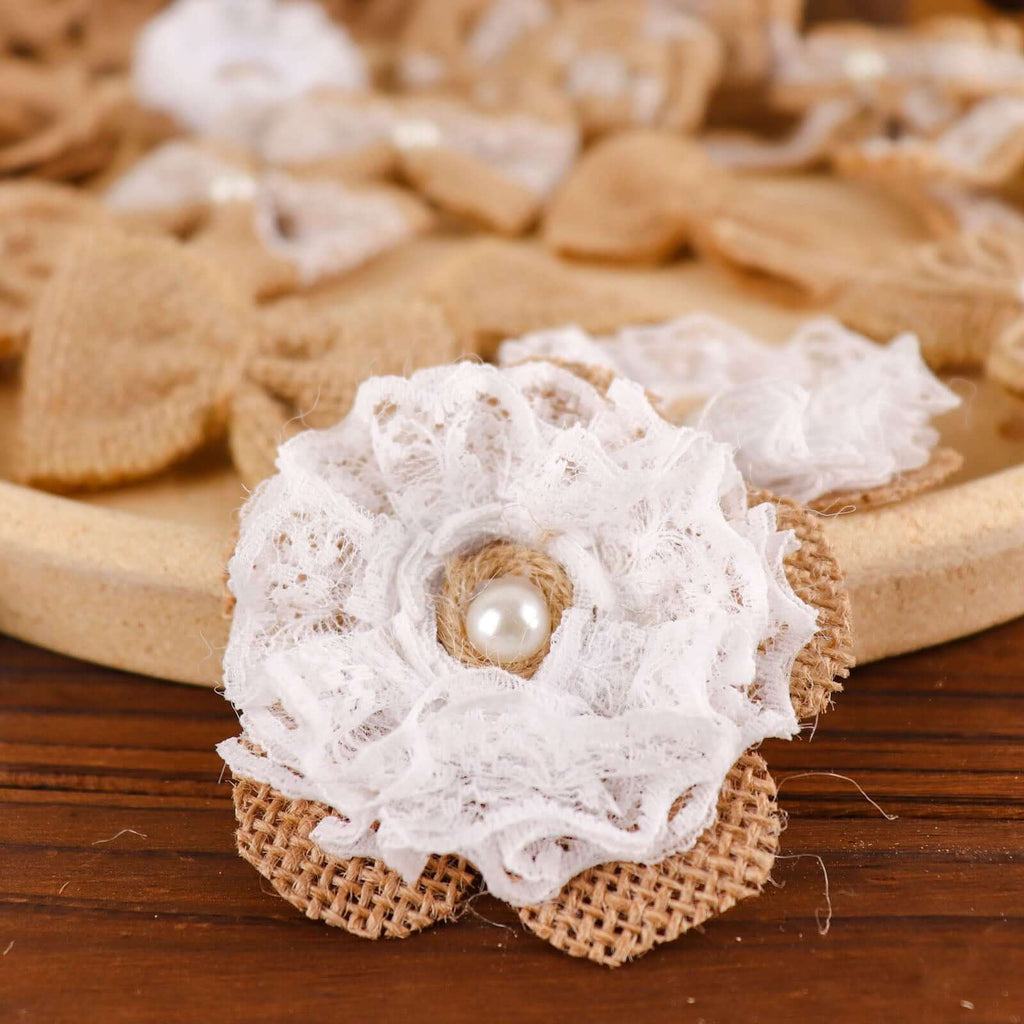 24 Pcs Natural Burlap Flower and Bows Set w Lace Ribbon Craft Supplies, DIY Jute Stick On Ribbon and Bows, 30 Sticker Dots Included, 8 Assorted Styles - Bell Racket Store