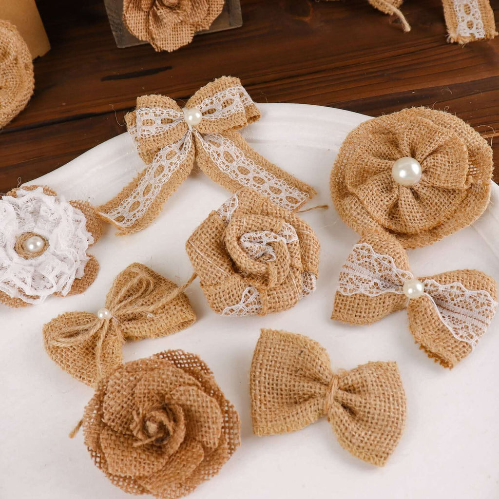 24 Pcs Natural Burlap Flower and Bows Set w Lace Ribbon Craft Supplies, DIY Jute Stick On Ribbon and Bows, 30 Sticker Dots Included, 8 Assorted Styles - Bell Racket Store