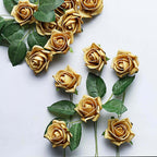 24 Roses 2" Gold Artificial Foam Flowers With Stem Wire and Leaves