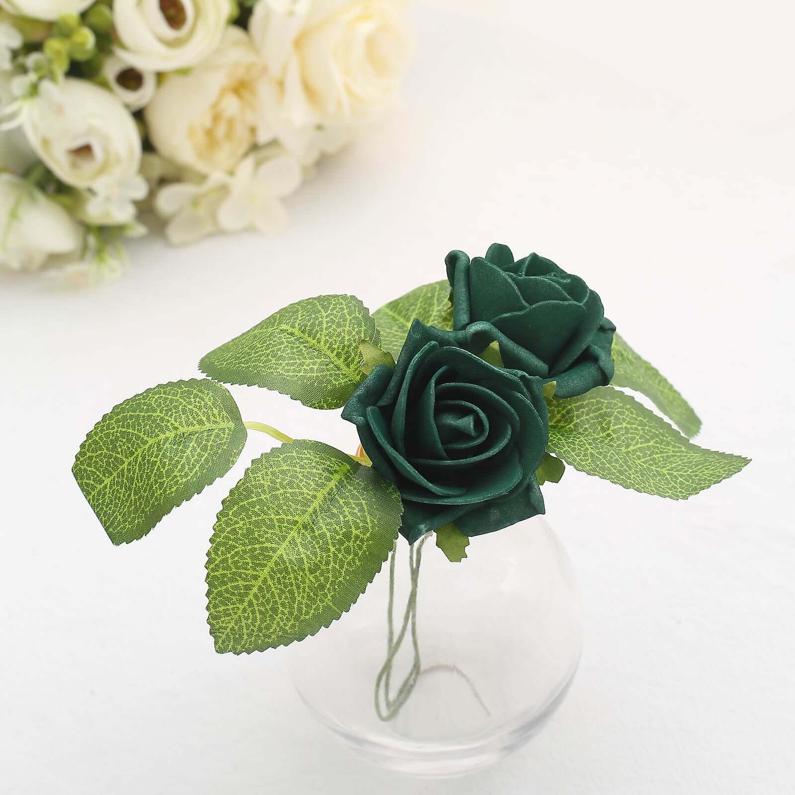 24 Roses 2" Hunter Emerald Green Artificial Foam Flowers With Stem Wire and Leaves - Bell Racket Store