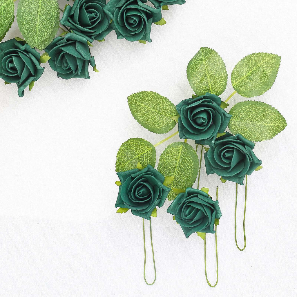 24 Roses 2" Hunter Emerald Green Artificial Foam Flowers With Stem Wire and Leaves - Bell Racket Store