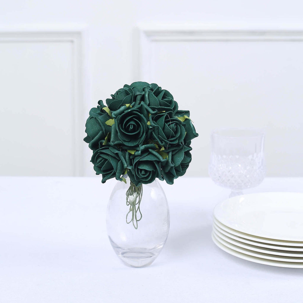 24 Roses 2" Hunter Emerald Green Artificial Foam Flowers With Stem Wire and Leaves - Bell Racket Store