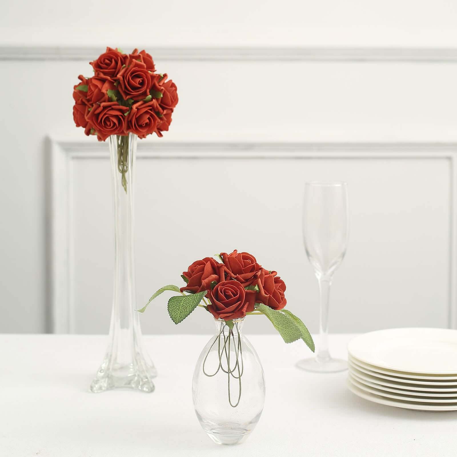 24 Roses 2" Terracotta (Rust) Artificial Foam Flowers With Stem Wire and Leaves - Bell Racket Store