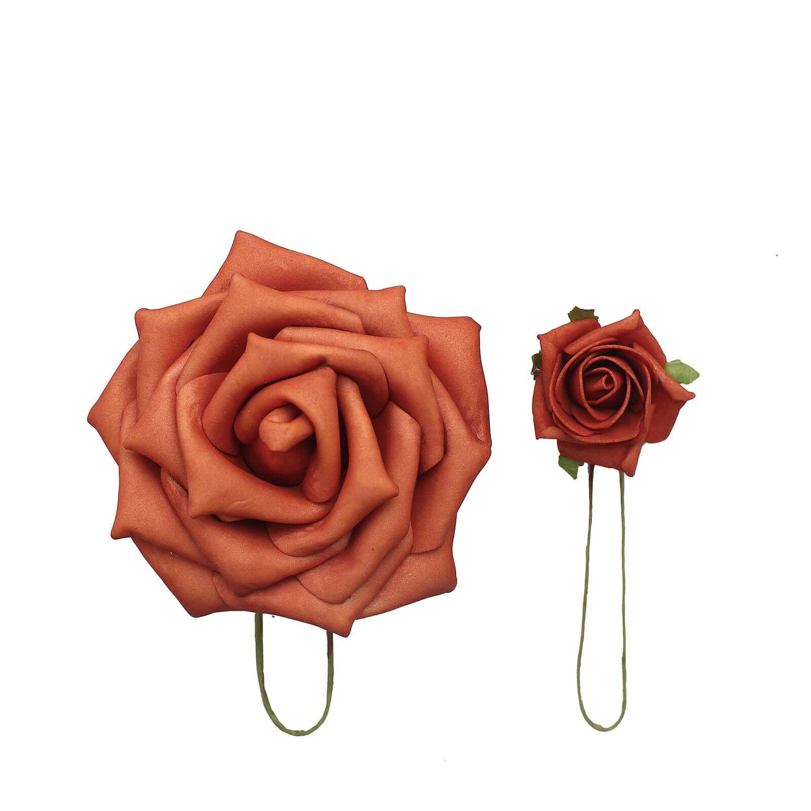 24 Roses 2" Terracotta (Rust) Artificial Foam Flowers With Stem Wire and Leaves - Bell Racket Store