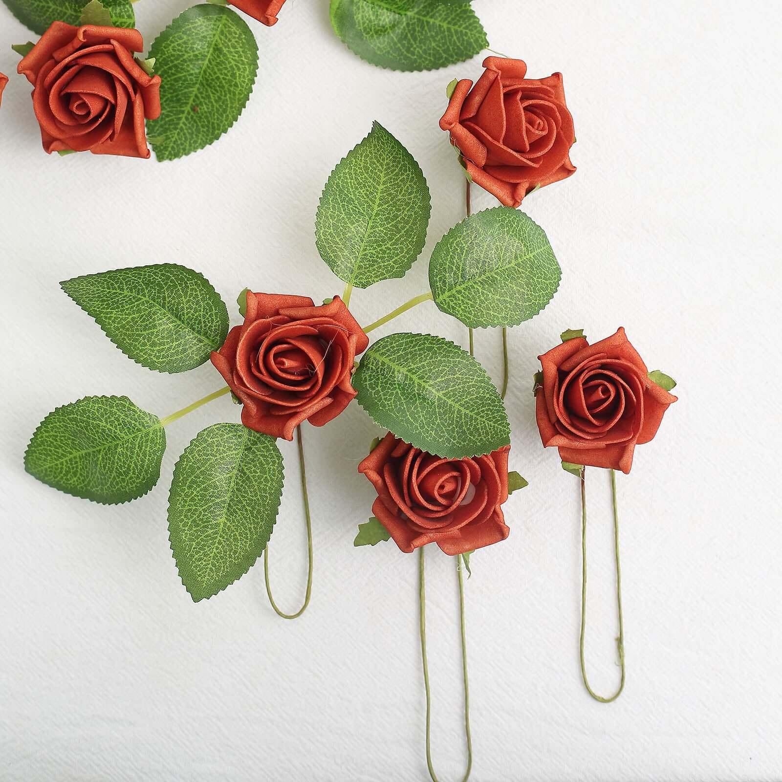 24 Roses 2" Terracotta (Rust) Artificial Foam Flowers With Stem Wire and Leaves - Bell Racket Store