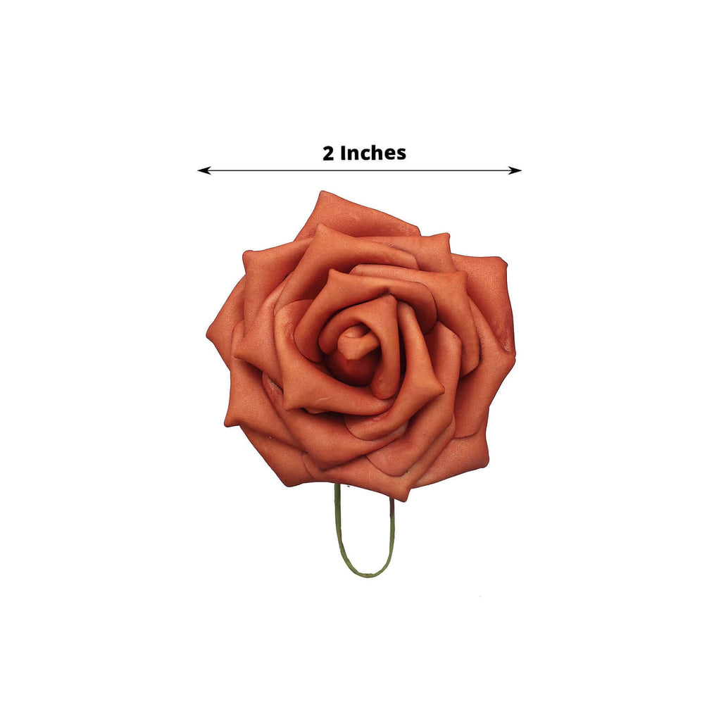 24 Roses 2" Terracotta (Rust) Artificial Foam Flowers With Stem Wire and Leaves - Bell Racket Store