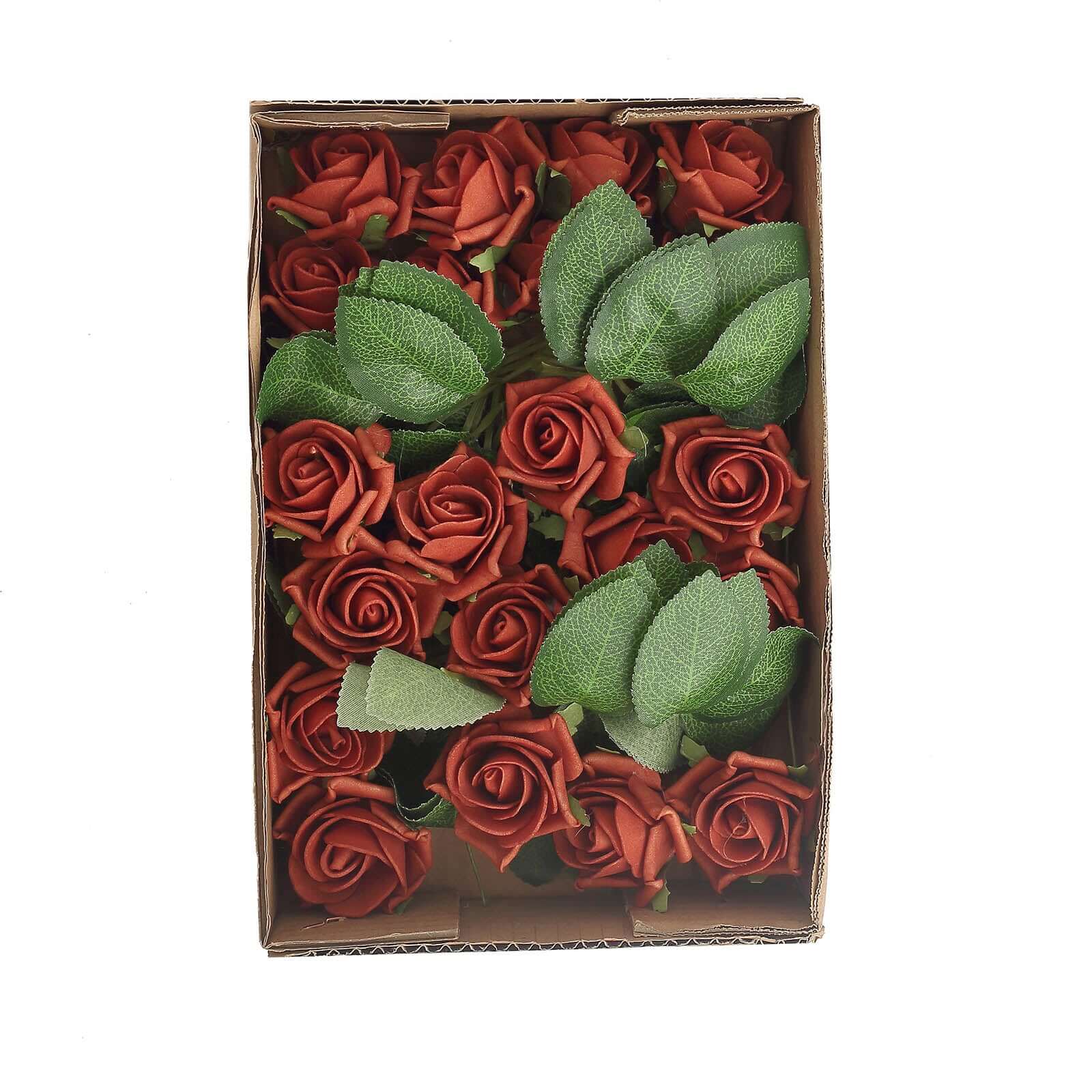24 Roses 2" Terracotta (Rust) Artificial Foam Flowers With Stem Wire and Leaves - Bell Racket Store
