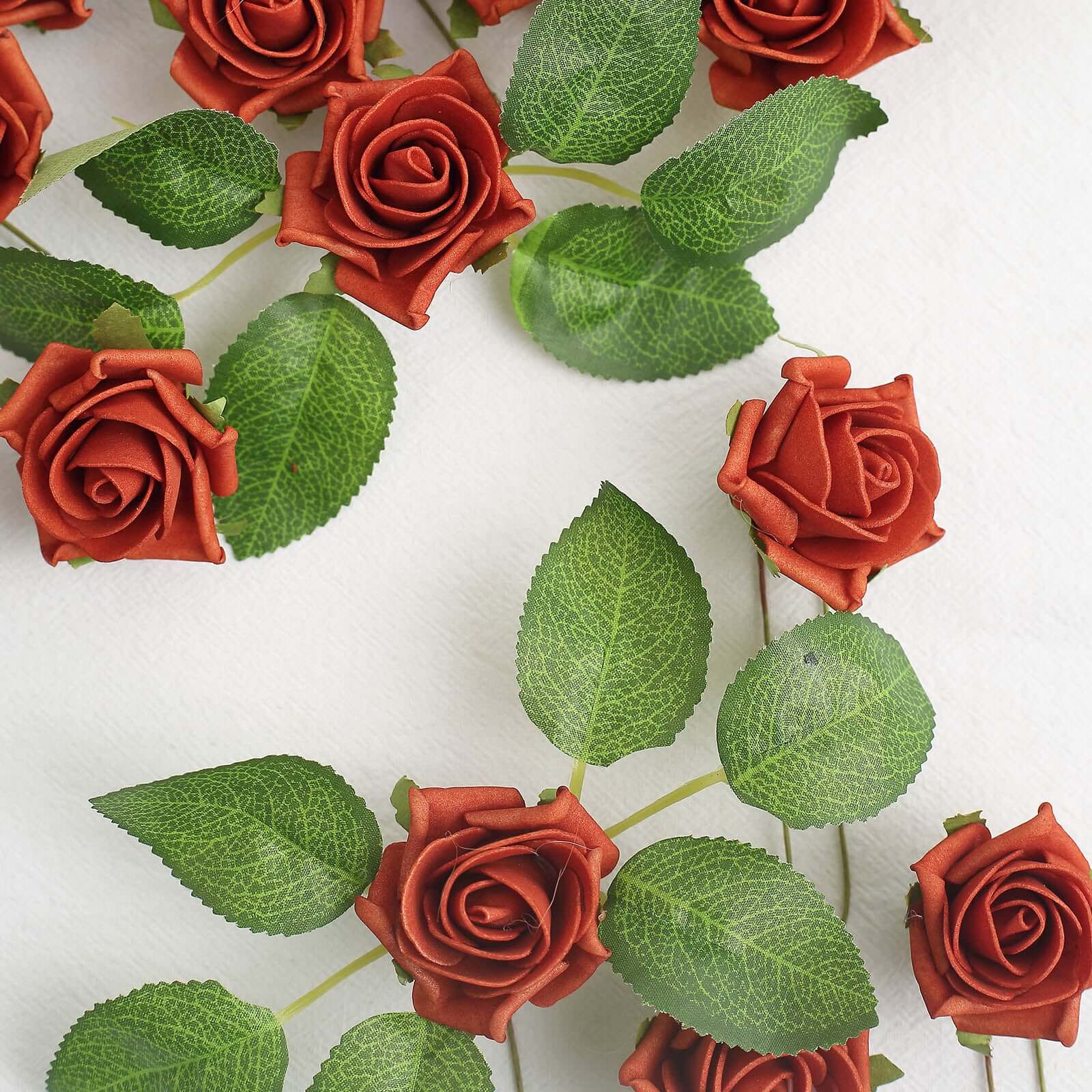 24 Roses 2" Terracotta (Rust) Artificial Foam Flowers With Stem Wire and Leaves - Bell Racket Store