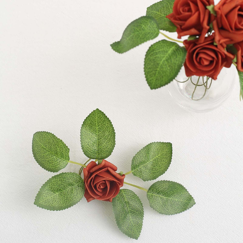 24 Roses 2" Terracotta (Rust) Artificial Foam Flowers With Stem Wire and Leaves - Bell Racket Store