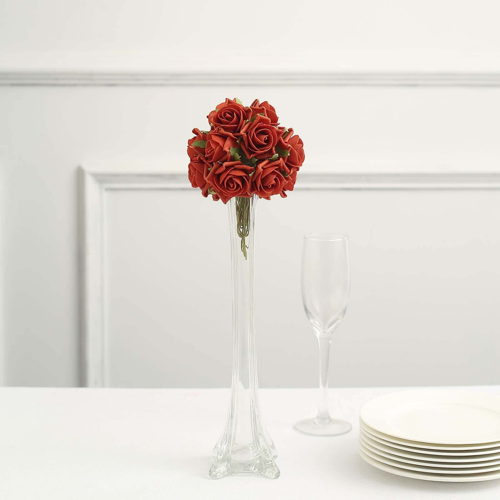 24 Roses 2" Terracotta (Rust) Artificial Foam Flowers With Stem Wire and Leaves - Bell Racket Store