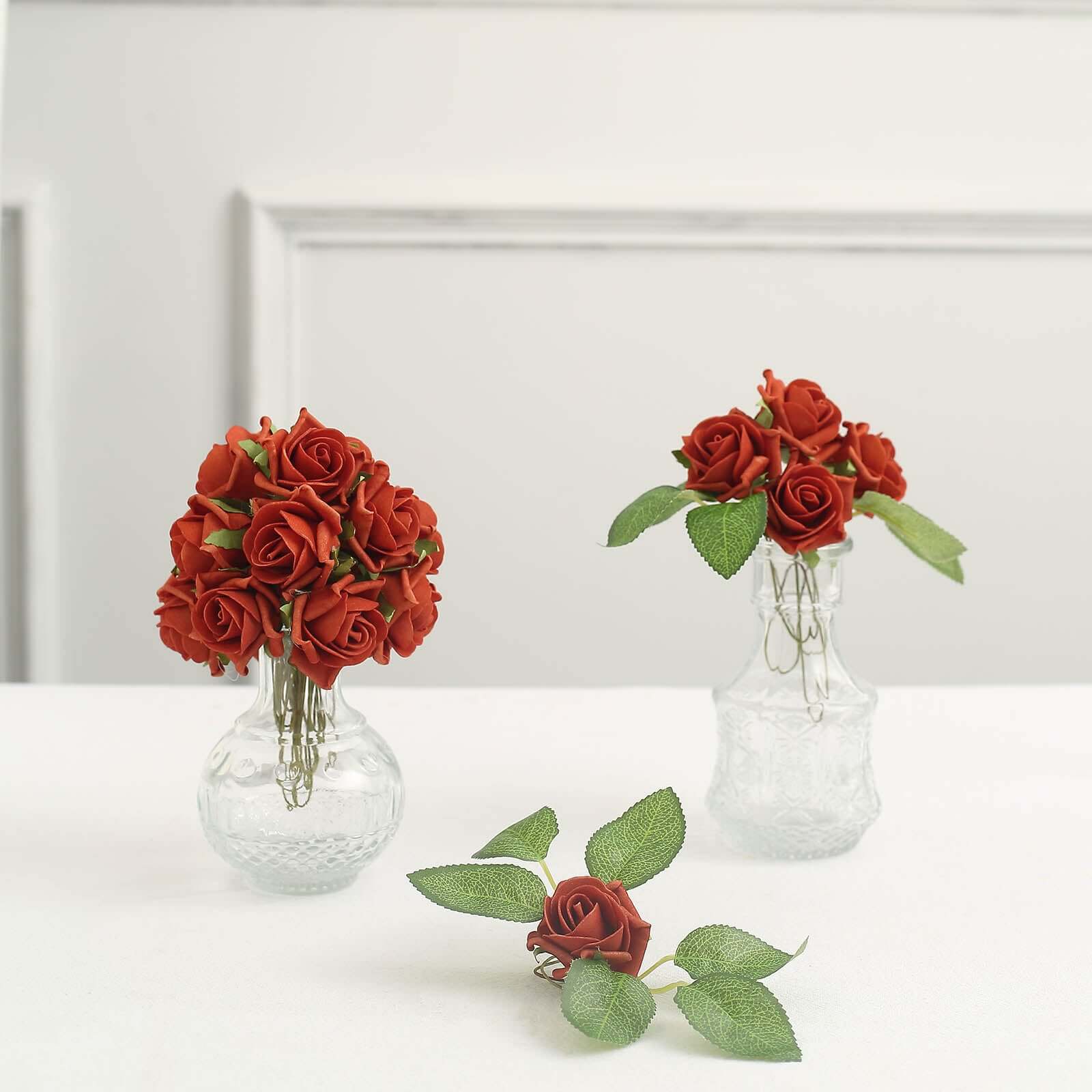 24 Roses 2" Terracotta (Rust) Artificial Foam Flowers With Stem Wire and Leaves - Bell Racket Store