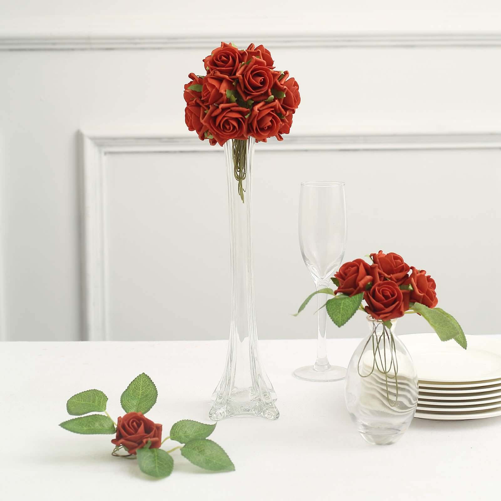 24 Roses 2" Terracotta (Rust) Artificial Foam Flowers With Stem Wire and Leaves - Bell Racket Store
