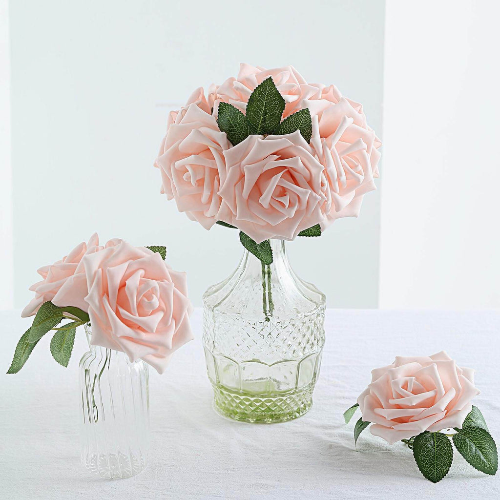 24 Roses 5" Blush Artificial Foam Flowers With Stem Wire and Leaves