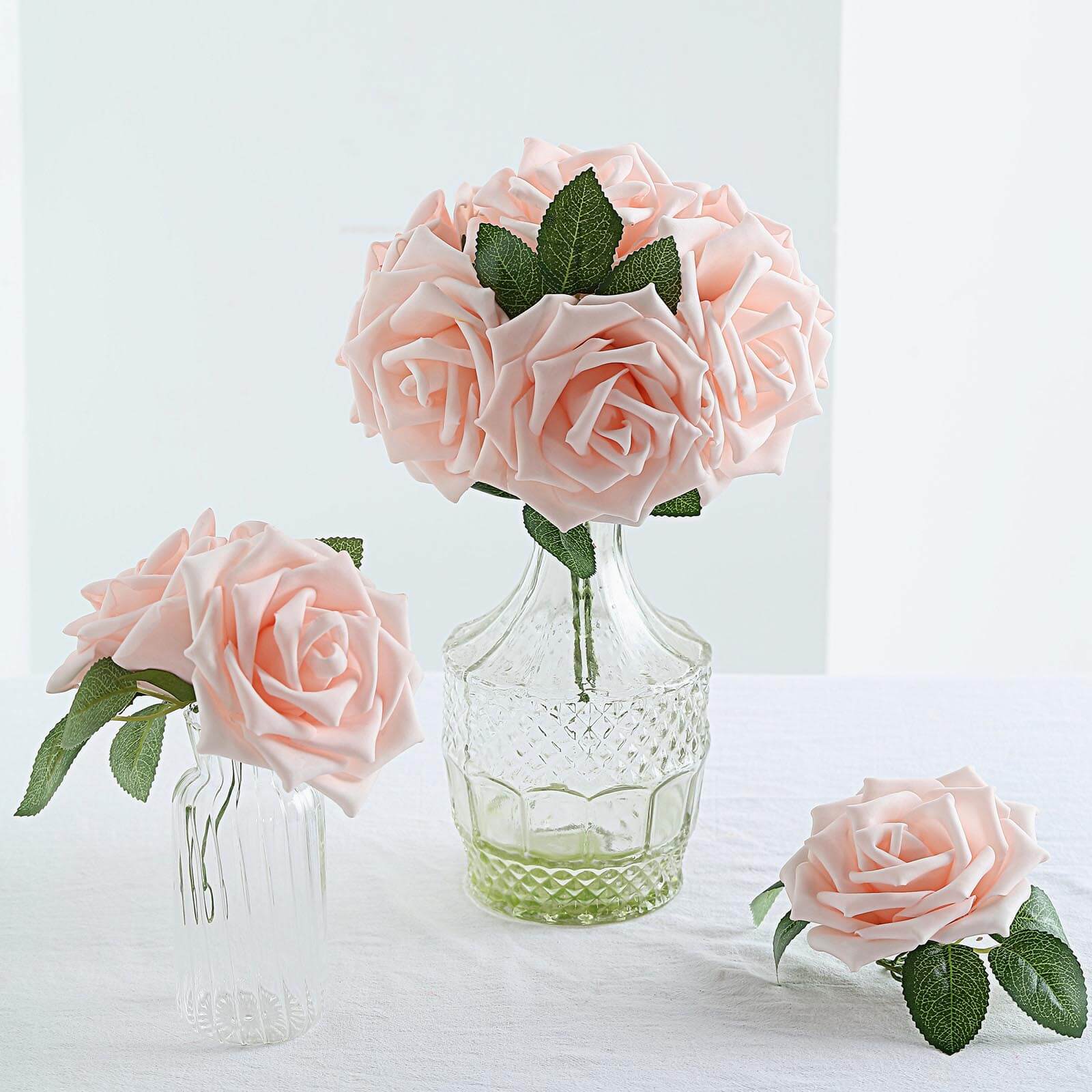 24 Roses 5" Blush Artificial Foam Flowers With Stem Wire and Leaves