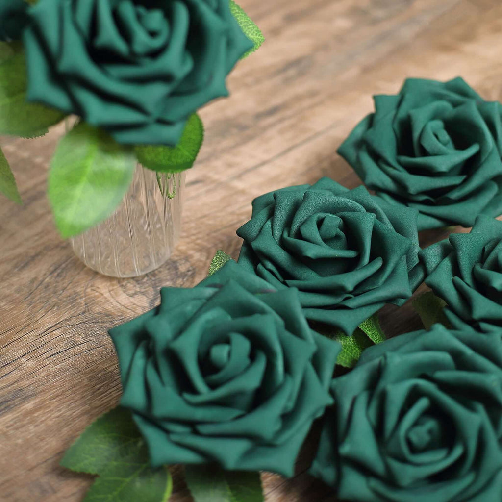 24 Roses 5" Hunter Emerald Green Artificial Foam Flowers With Stem Wire and Leaves - Bell Racket Store