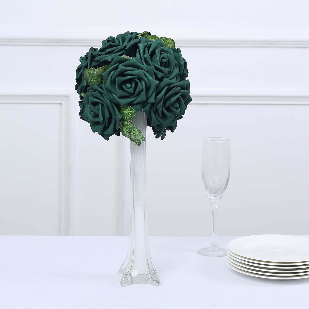 24 Roses 5" Hunter Emerald Green Artificial Foam Flowers With Stem Wire and Leaves - Bell Racket Store