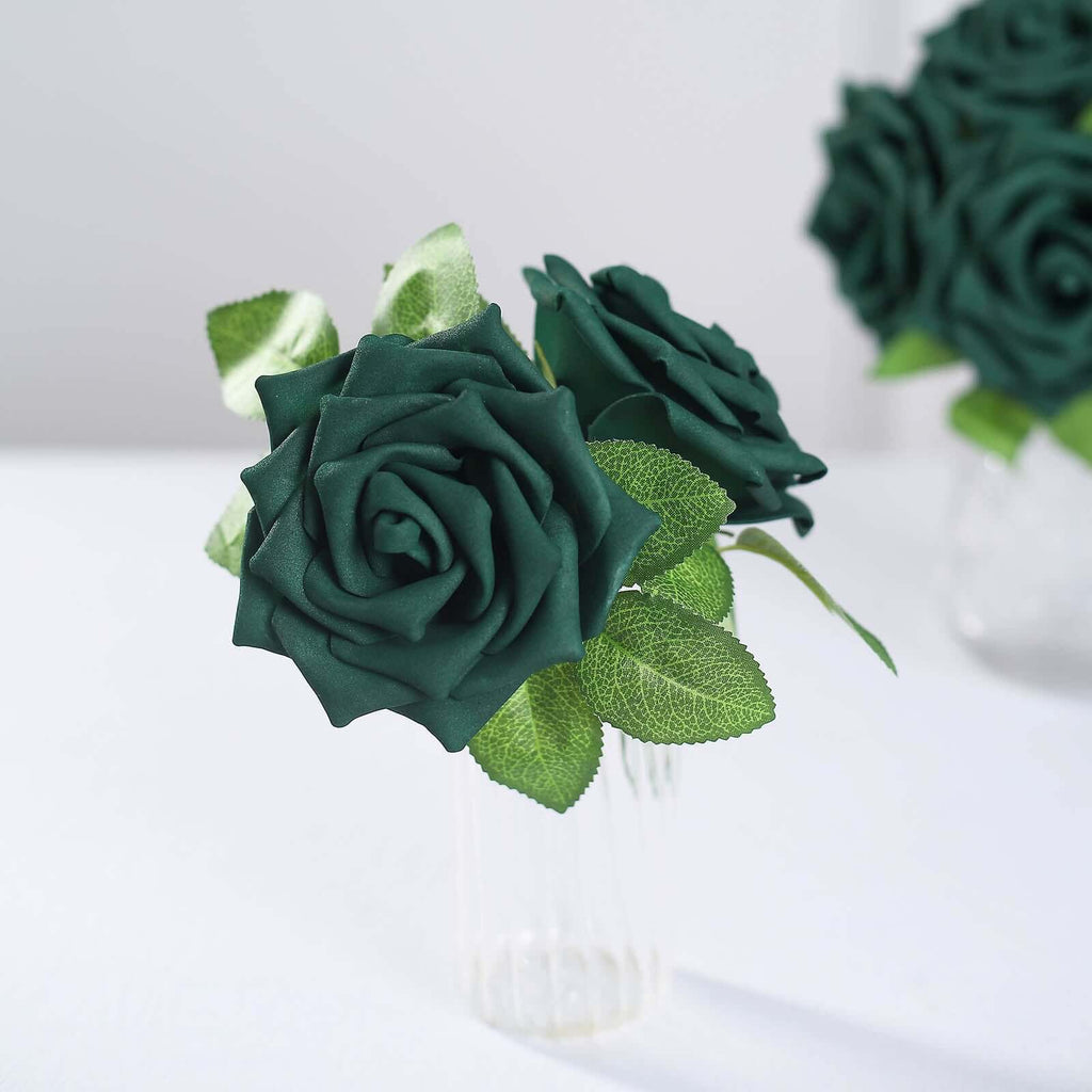 24 Roses 5" Hunter Emerald Green Artificial Foam Flowers With Stem Wire and Leaves - Bell Racket Store