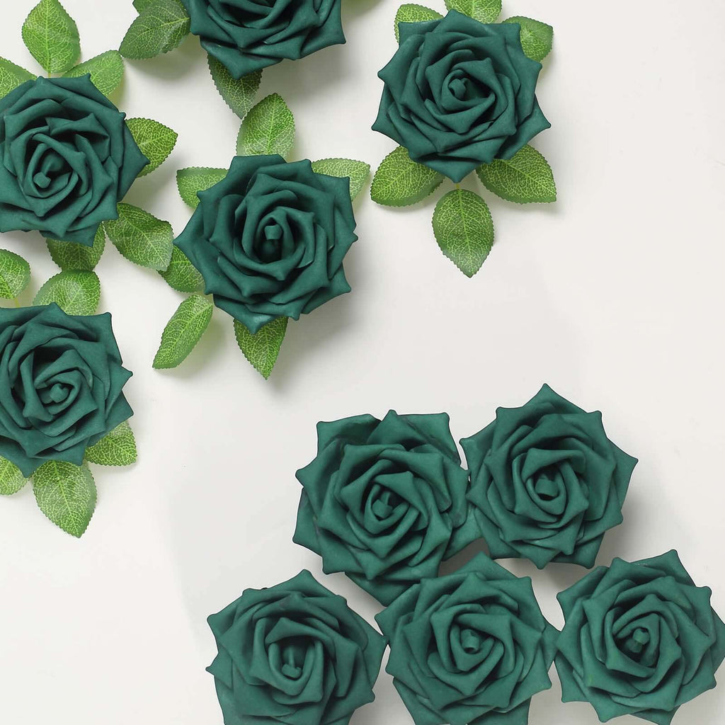 24 Roses 5" Hunter Emerald Green Artificial Foam Flowers With Stem Wire and Leaves - Bell Racket Store