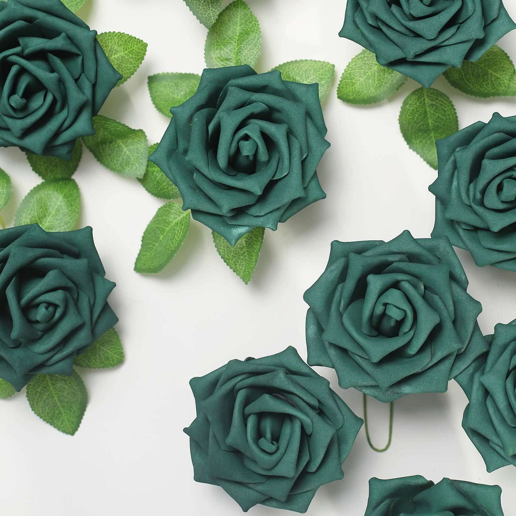 24 Roses 5" Hunter Emerald Green Artificial Foam Flowers With Stem Wire and Leaves - Bell Racket Store